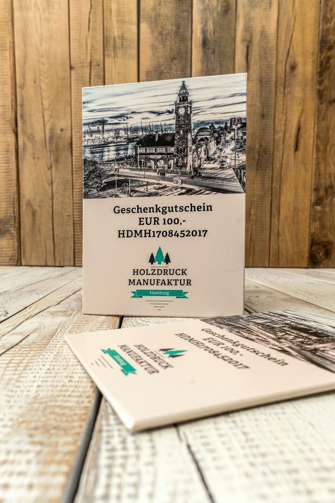 Geschenkgutschein für einen Holzdruck – auf Holz gedruckt