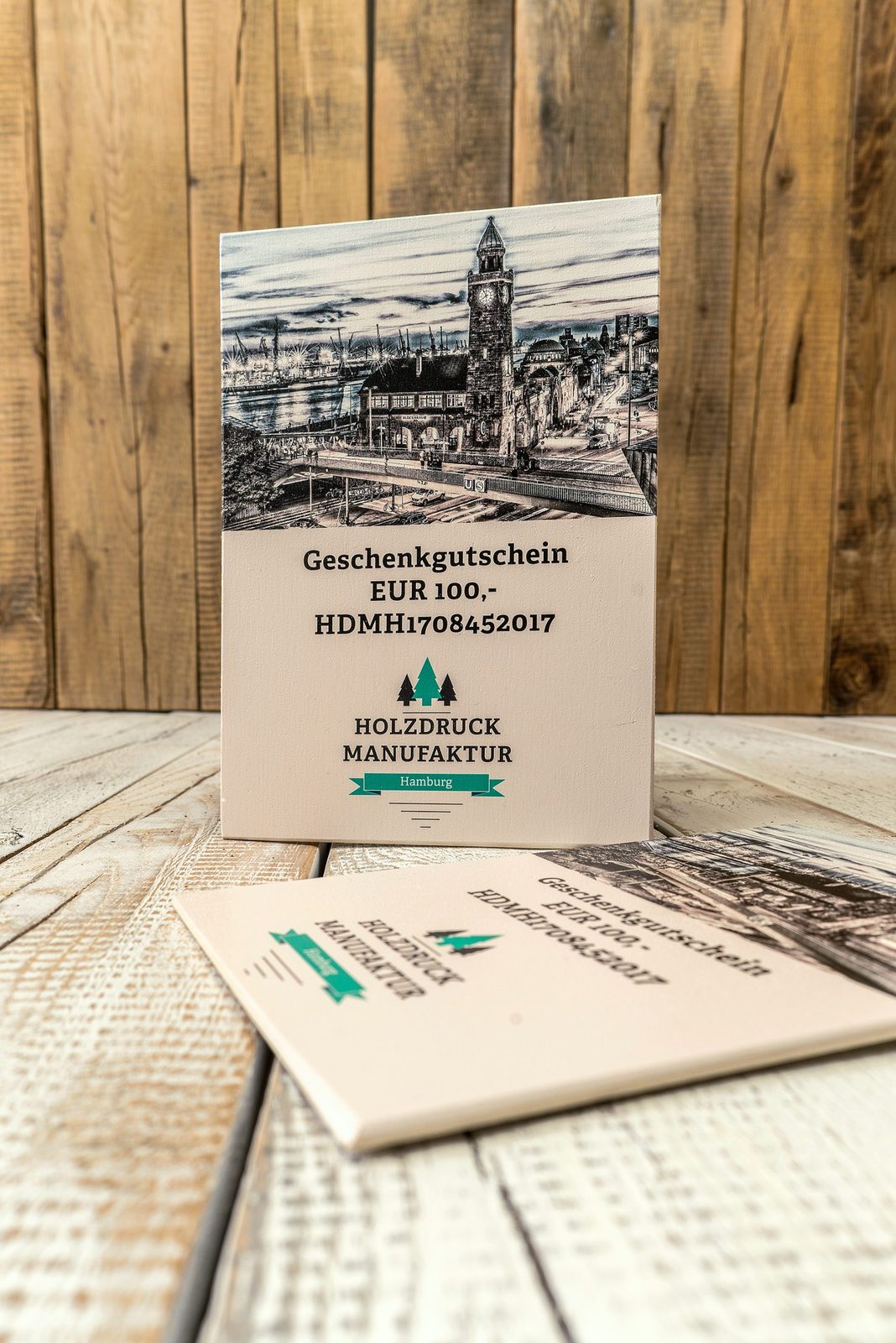 Geschenkgutschein für einen Holzdruck – auf Holz gedruckt