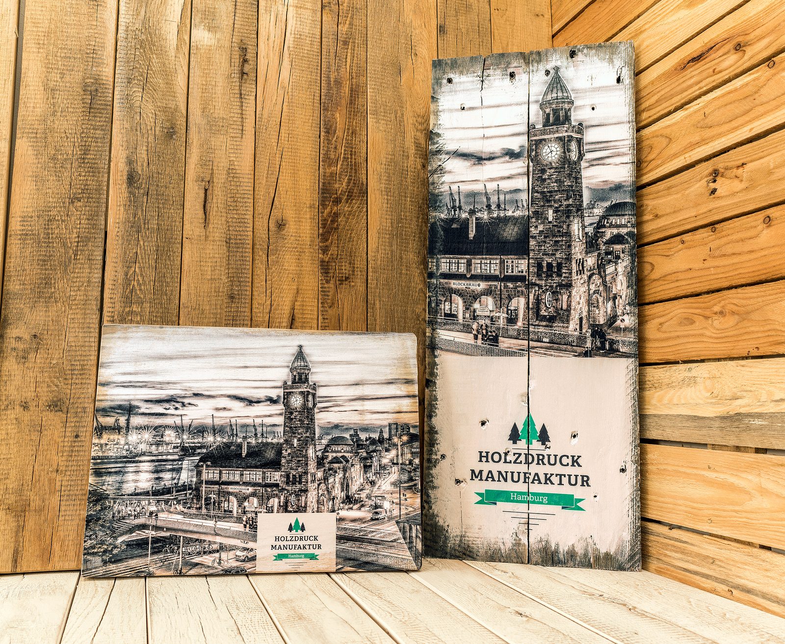 Holzdruck Manufaktur Hamburg Europalette und Birkenholz vorgeweißt Druck auf Holz