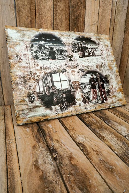 Foto-Collage auf Seekiefer, Kanten gebrochen und geflammt