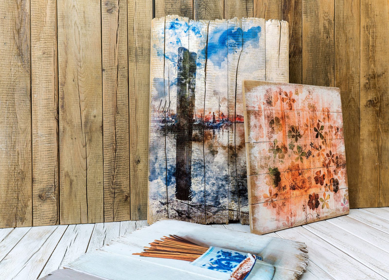 Holzdruck: Vintage Holz Lattenholz Wildeiche Kante glatt und gebrochen vorgeweißt Kunst