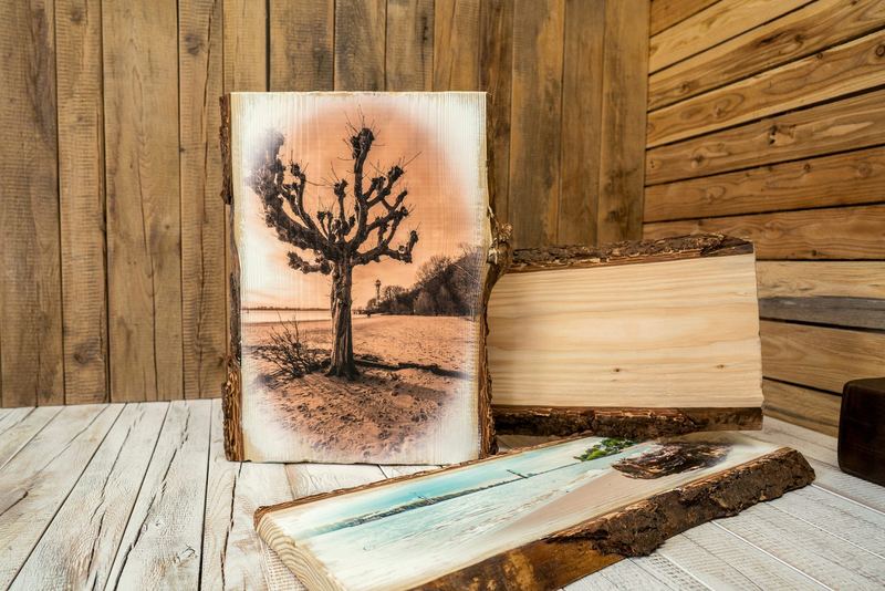 Holzdruck: Eichenbohlen rustikal Weiß mit Vintage Look Kreativer Druck auf Holz
