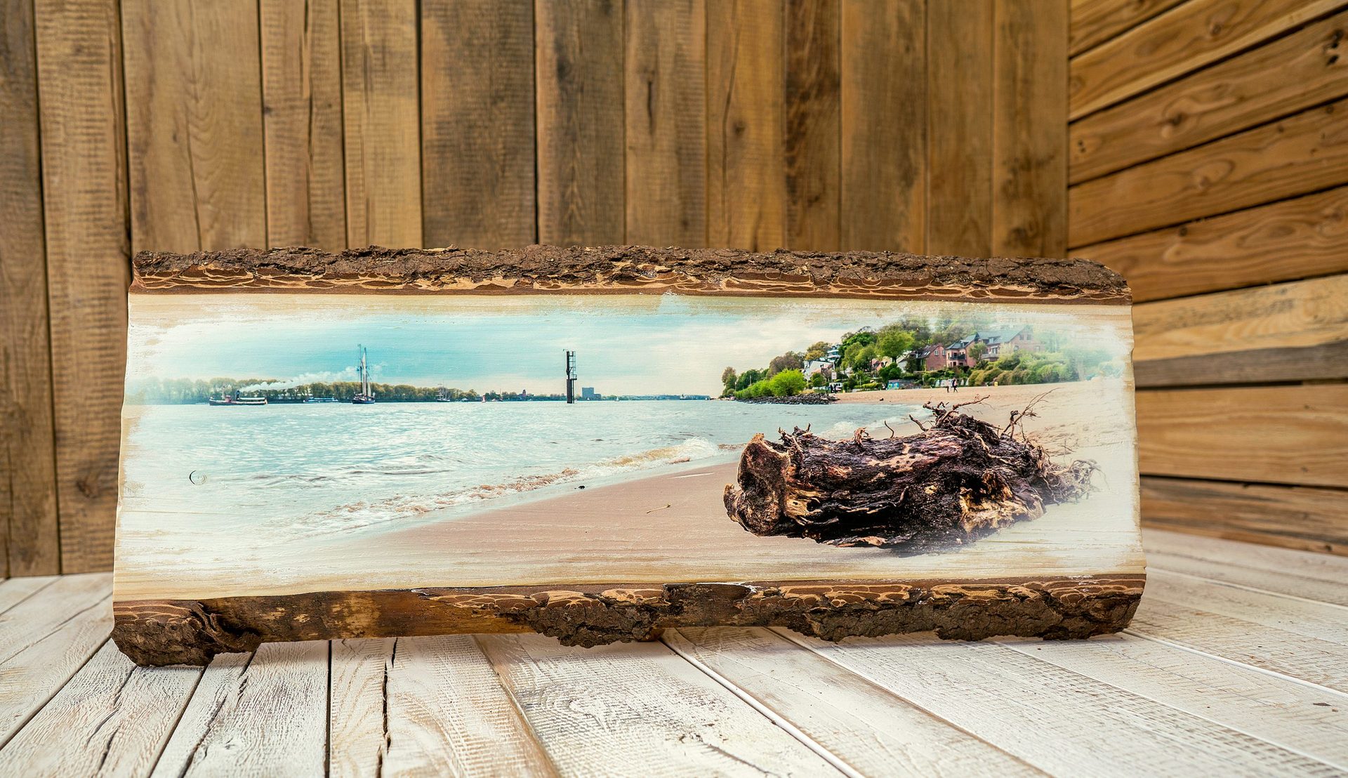 Holzdruck: Eichenbohlen rustikal Weiß mit Vintage Look Kreativer Druck auf Holz