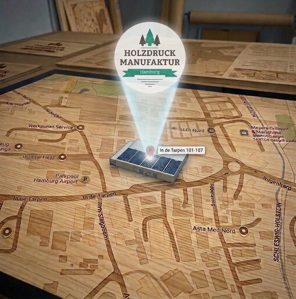 Standort der Holzdruck Manufaktur Hamburg: In de Tarpen 101–107 in Norderstedt – Illustration auf Holz